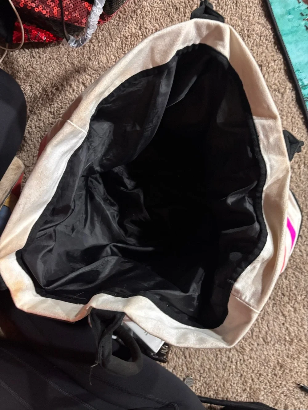 Victoria's Secret Black Canvas Tote with Pink and Coral Stripes
